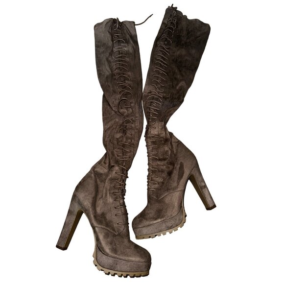 Brown Faux Suede Knee High Lace Up Boots Plus Size 10 Wide Calf Lug Soles - Picture 1 of 4